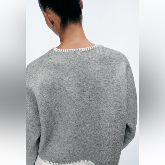 New ZARA Contrast Topstitching Crop Knit Sweater - Picture 4 of 8